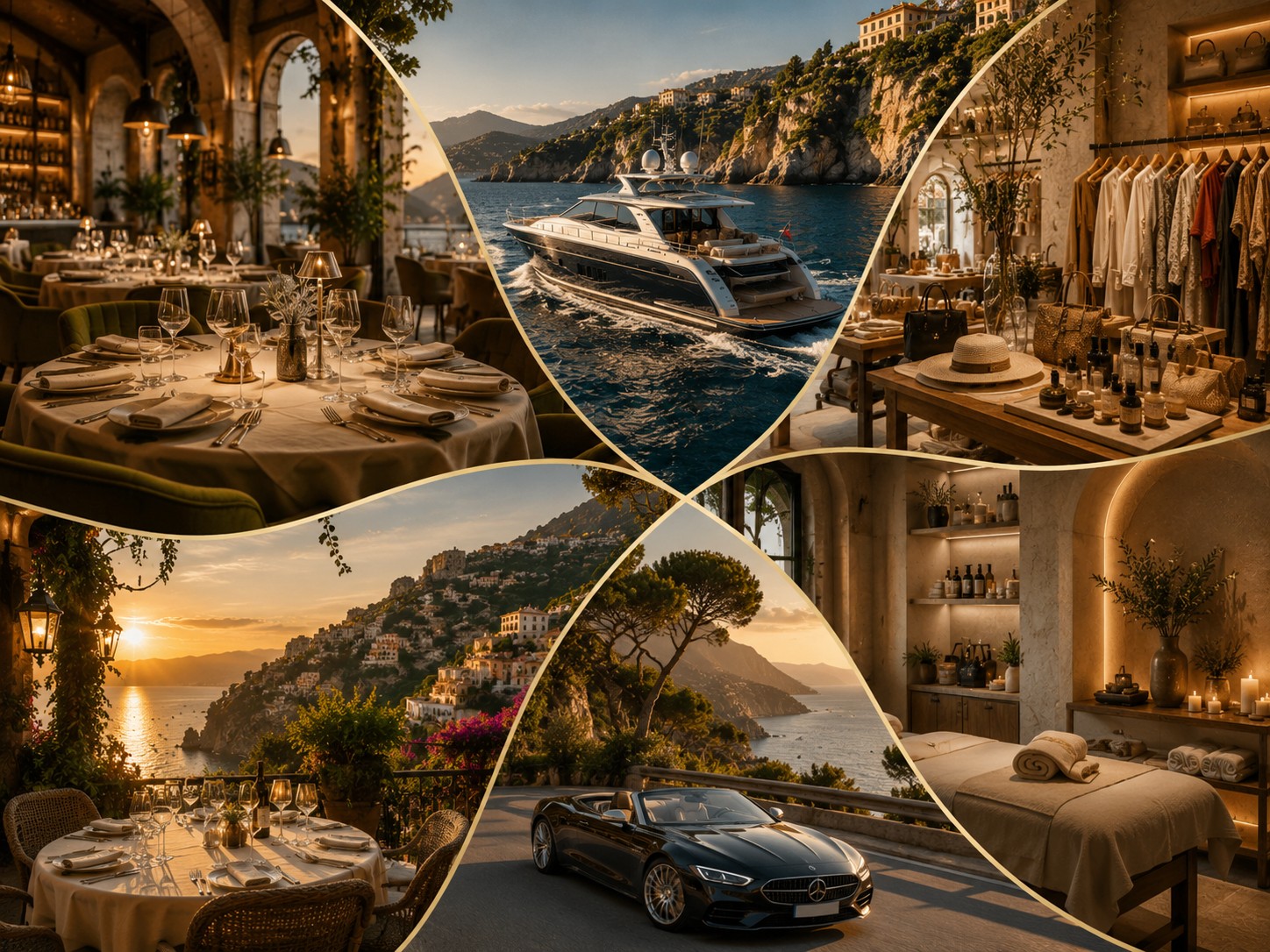 A restaurant laid for service, a charter boat, a concept store and a spa terrace